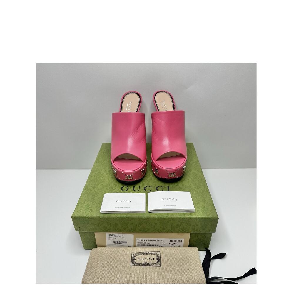 NIB Gucci Janaya Studded GG Platform Sandals EU 39.5 Rhodamine Pink Spool Heel - Picture 3 of 12